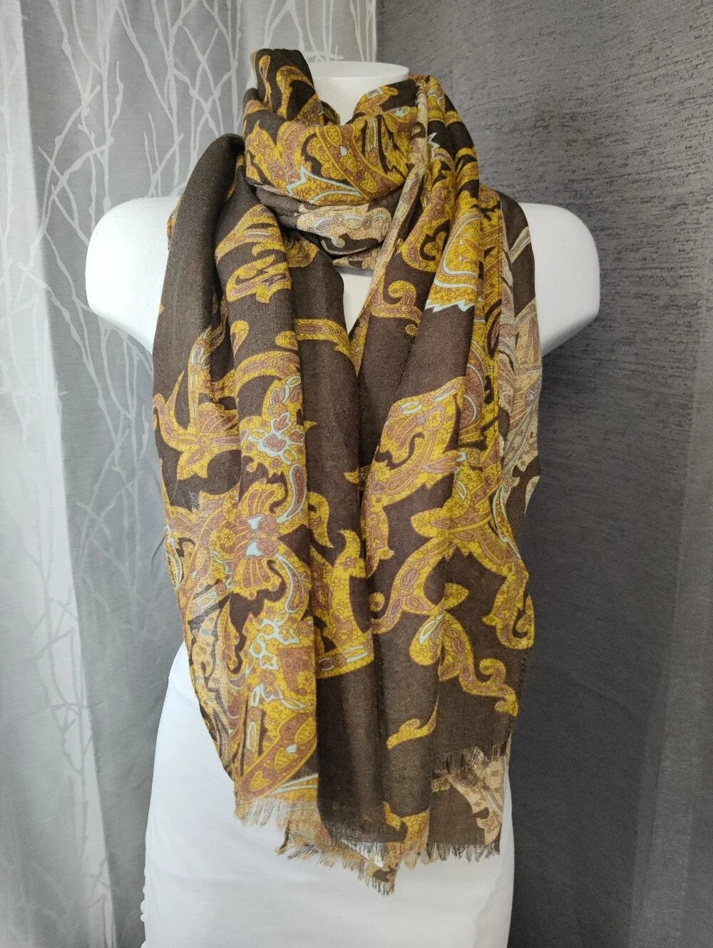 Naturally Knotty Oversized Scarf Wrap Brown Gold 36x70 Lightweight Earthtones